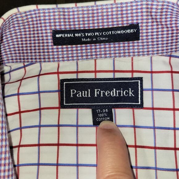 PAUL FREDERICK Dress Shirt Red White Blue Plaid 2-Ply Cotton Contrasting Cuff 17 - Picture 5 of 6